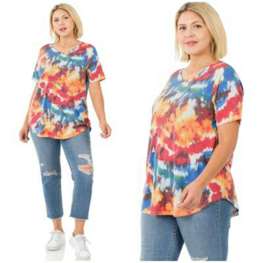 Plus Size Casual Chic Watercolor Tie-Dye Top